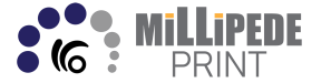 Logo for Millipede Print, featuring an abstract millipede design with a segmented arc of blue and grey circles, and the company name "MilliPEDE PRINT" with orange dots on the 'i's.